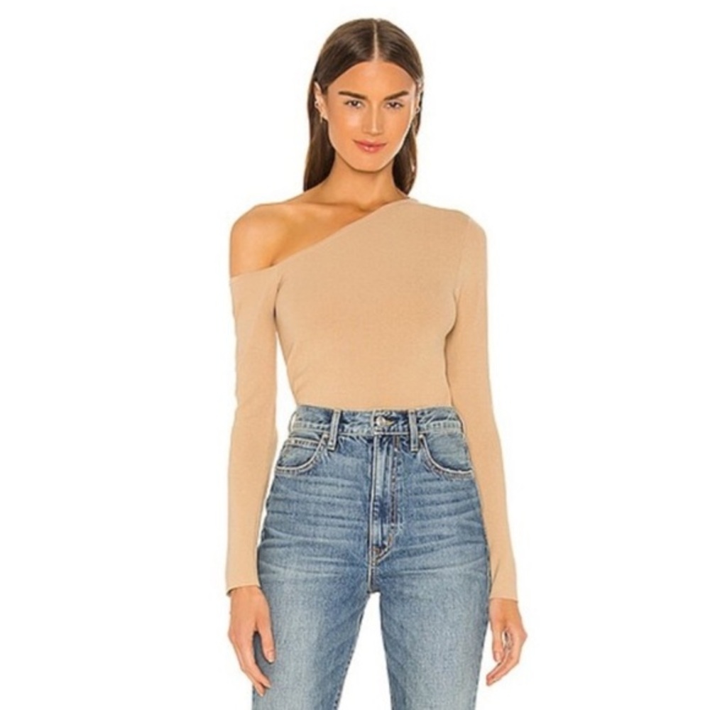 525 America Revolve One Shoulder Ribbed Knit Top Beige Long Sleeve Women's L EUC